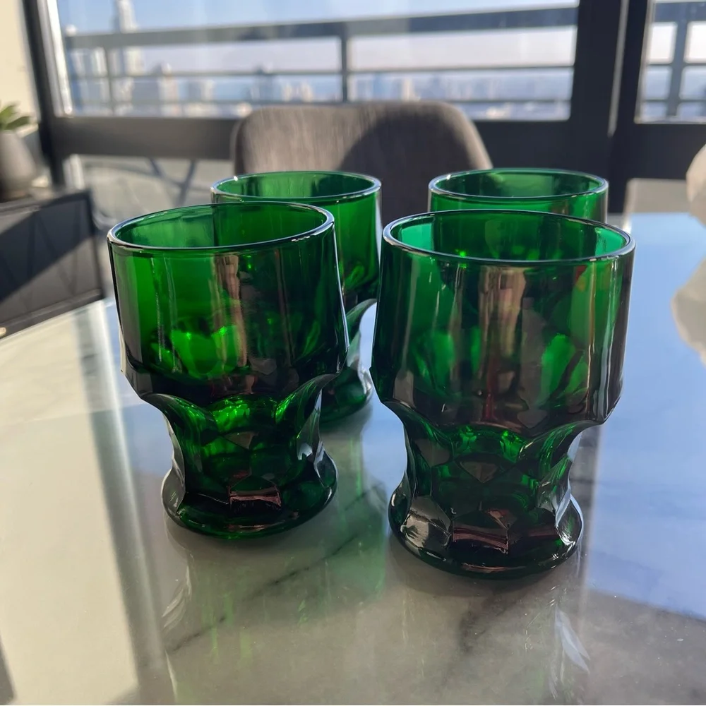 Vintage Emerald Green MCM Tumbler Glasses Excellent Condition Set 4